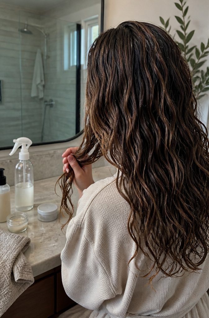 Spray bottle refreshing damp wavy hair lengths