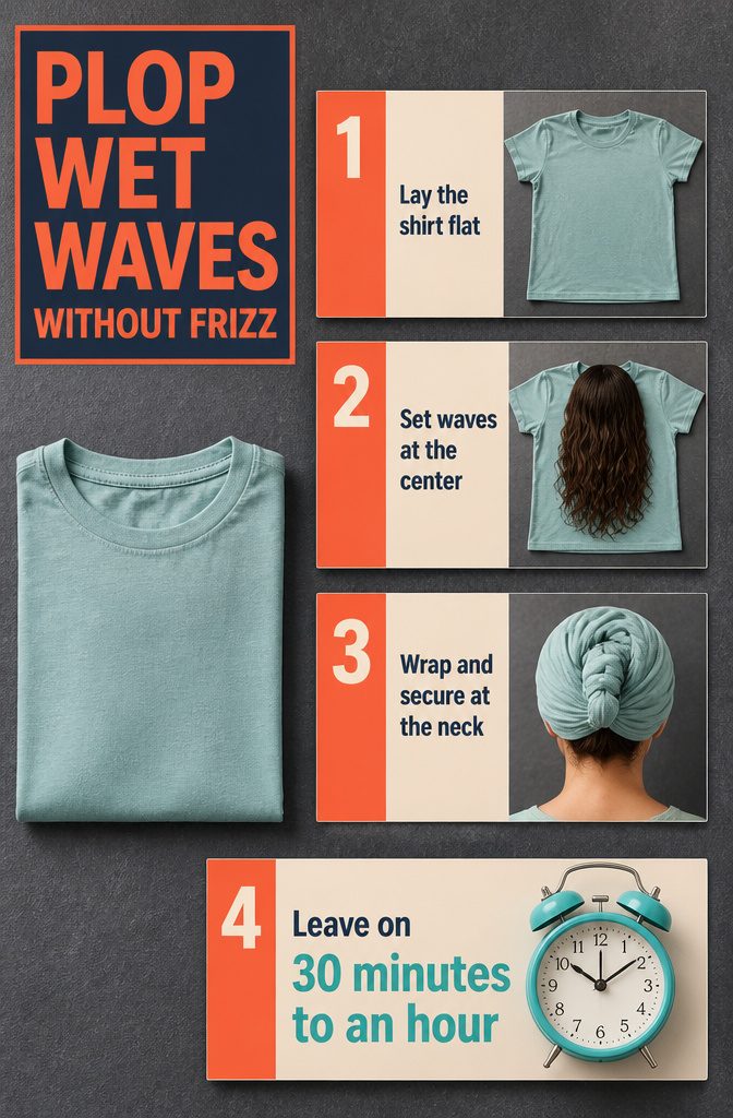 Wet wavy hair wrapped in a cotton T-shirt for plopping