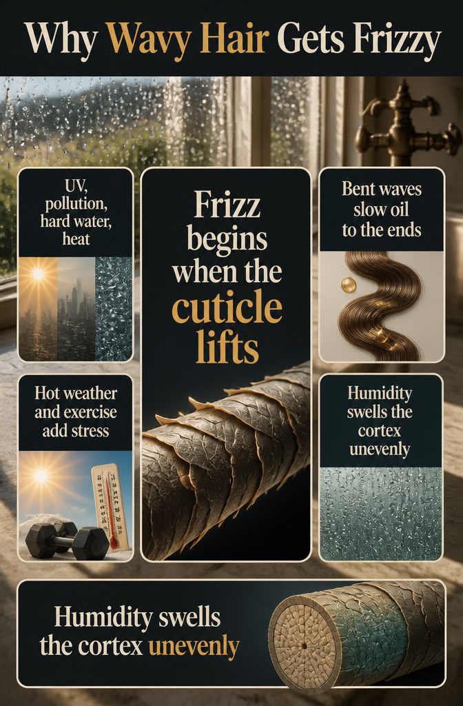 Wavy hair frizz diagram showing lifted cuticle and humidity