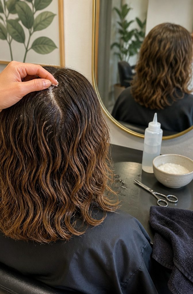 Fingers applying scalp scrub beside clean shoulder-length wavy hair