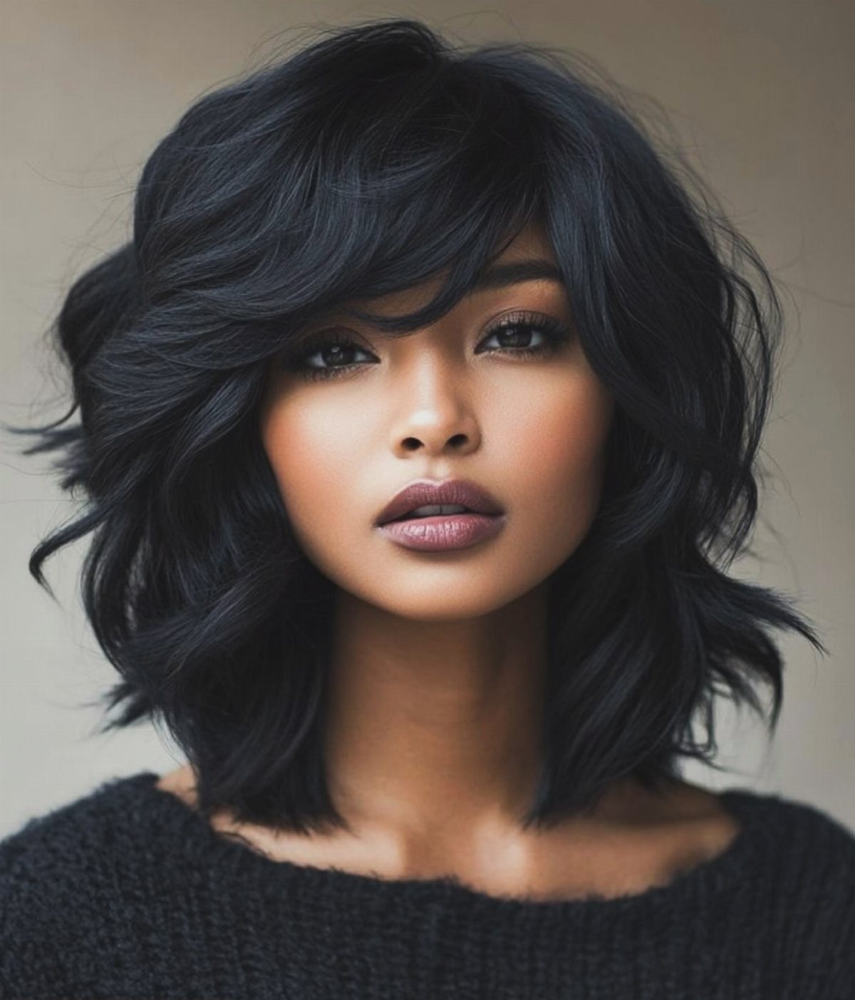 Woman with a feathered, softly waved black bob and side-swept bangs