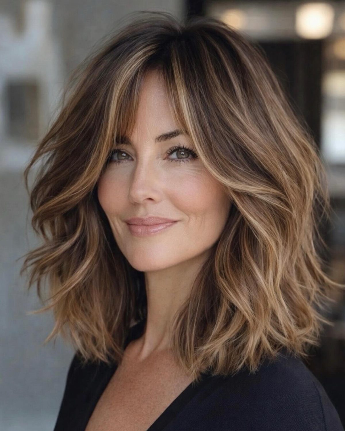 Woman with medium-length layered brown hair styled in loose highlighted waves