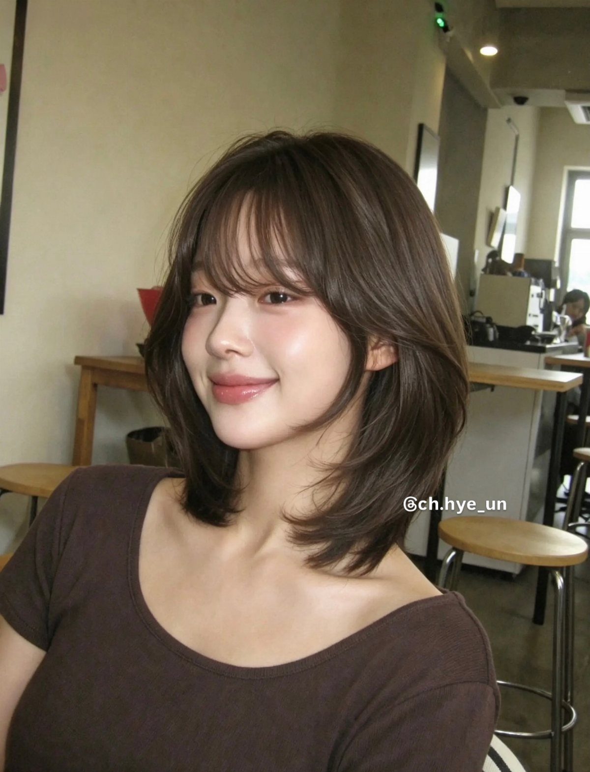 Woman showing a layered shoulder-length lob with wispy bangs in a salon
