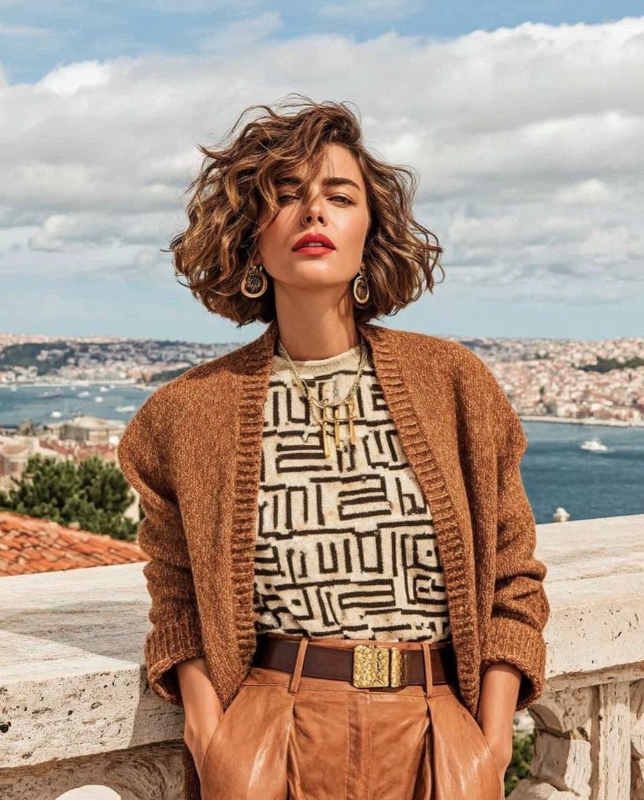 Woman with a tousled jaw-length curly brown bob posing on a terrace