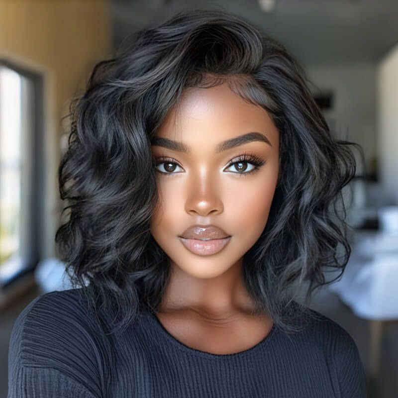 Woman with a deep side part and voluminous waves in a short black bob