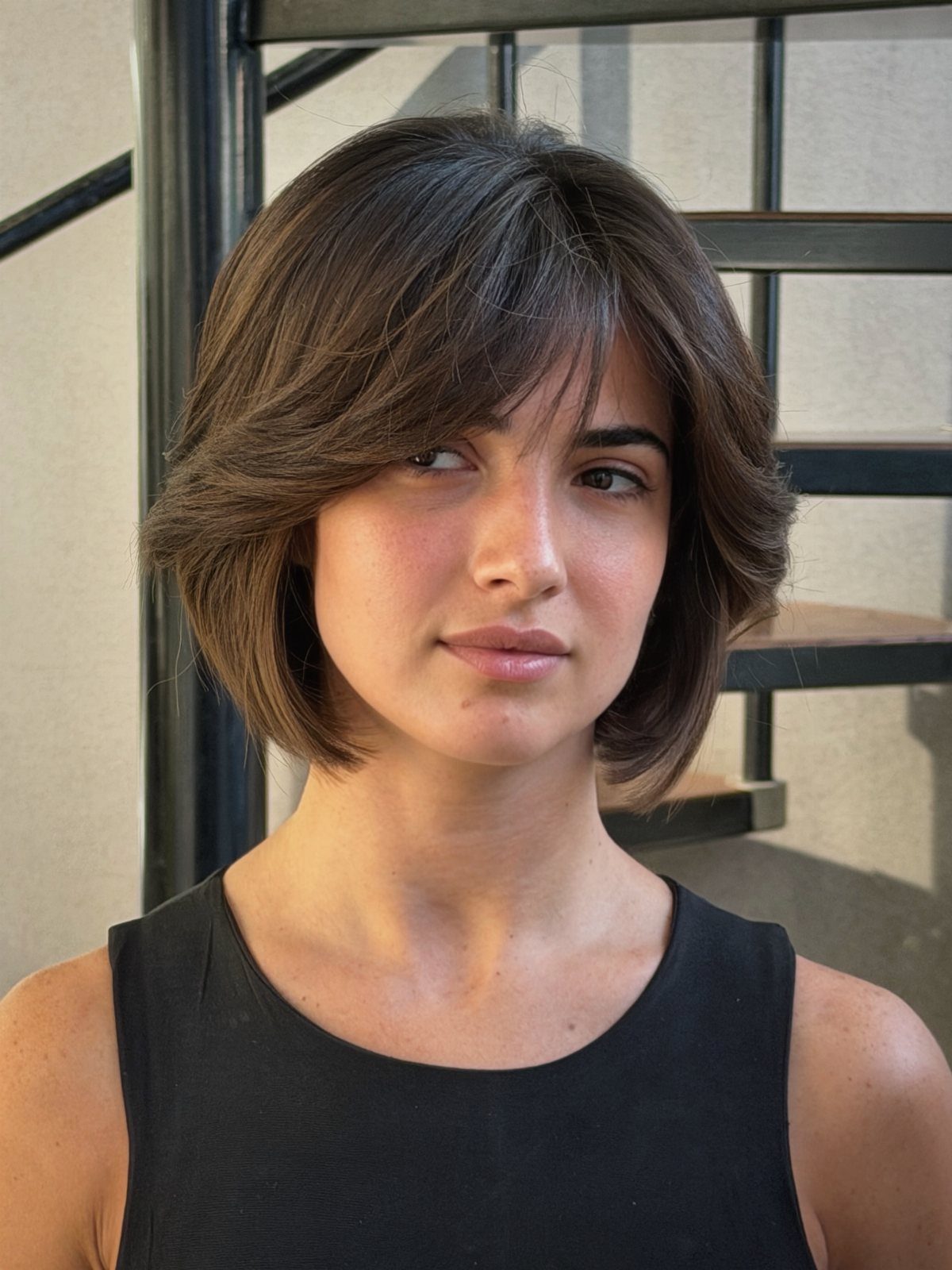 Person with a tousled dark bob and side-swept fringe against tiled walls