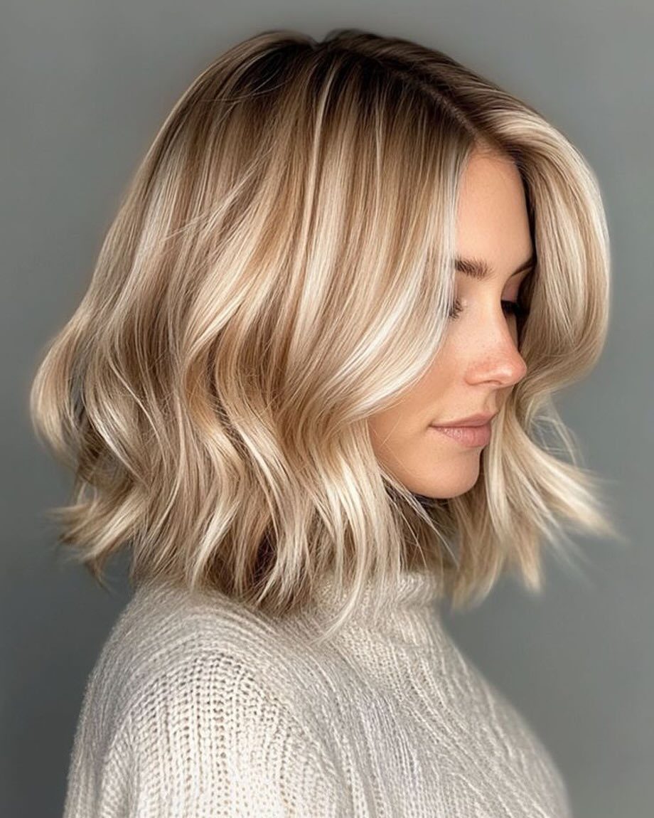 Woman with a voluminous blonde bob styled in large, loose waves
