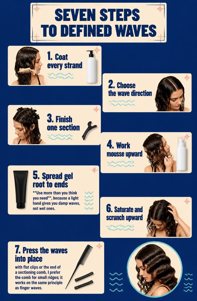 Seven-step beauty graphic showing methods to define and set wavy hair