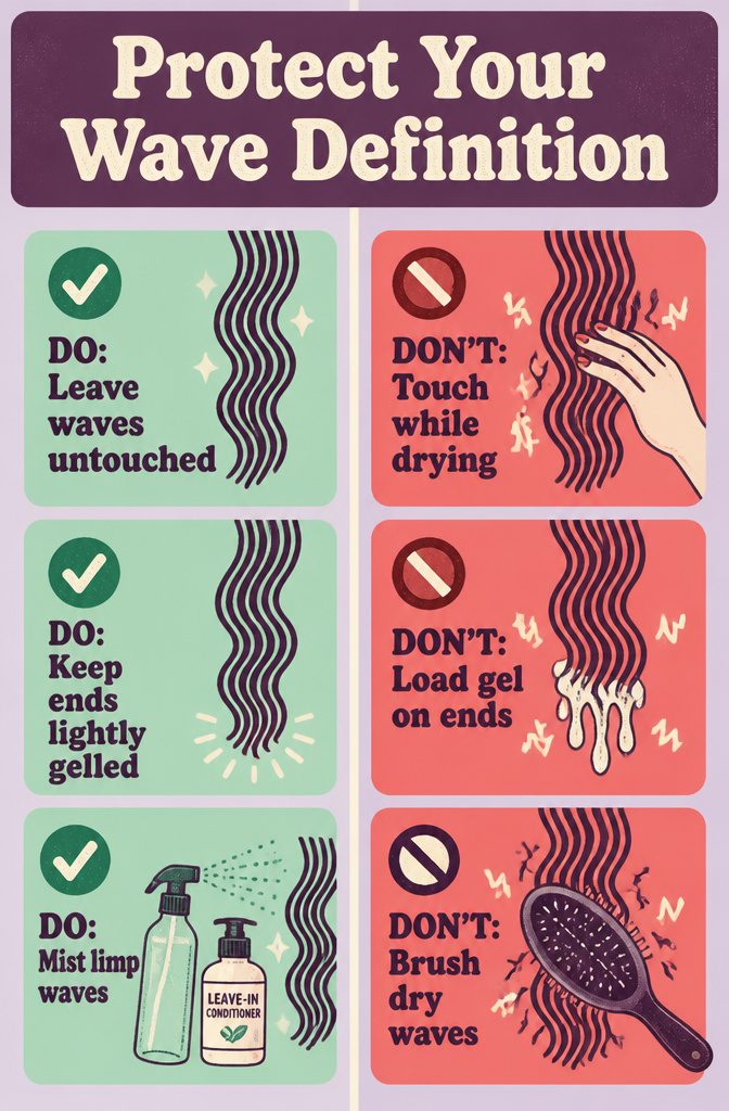 Three-part beauty graphic about touching hair loading gel and rough handling