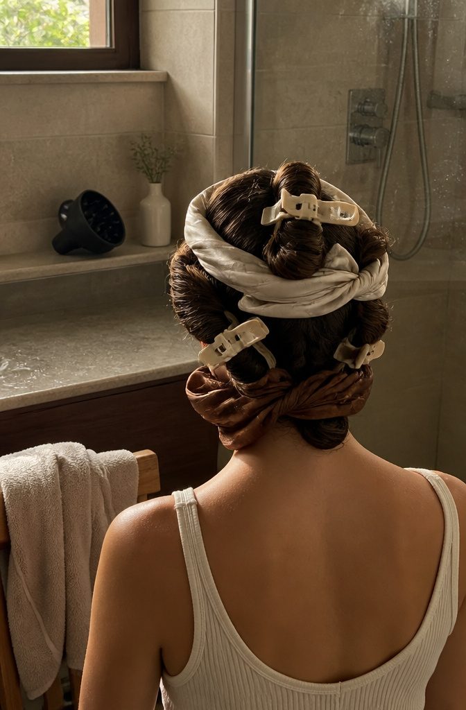Wavy hair drying in place with its shape left undisturbed