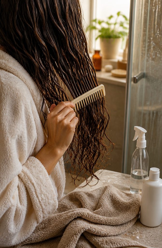 Damp wavy hair ready for leave-in conditioner and detangling