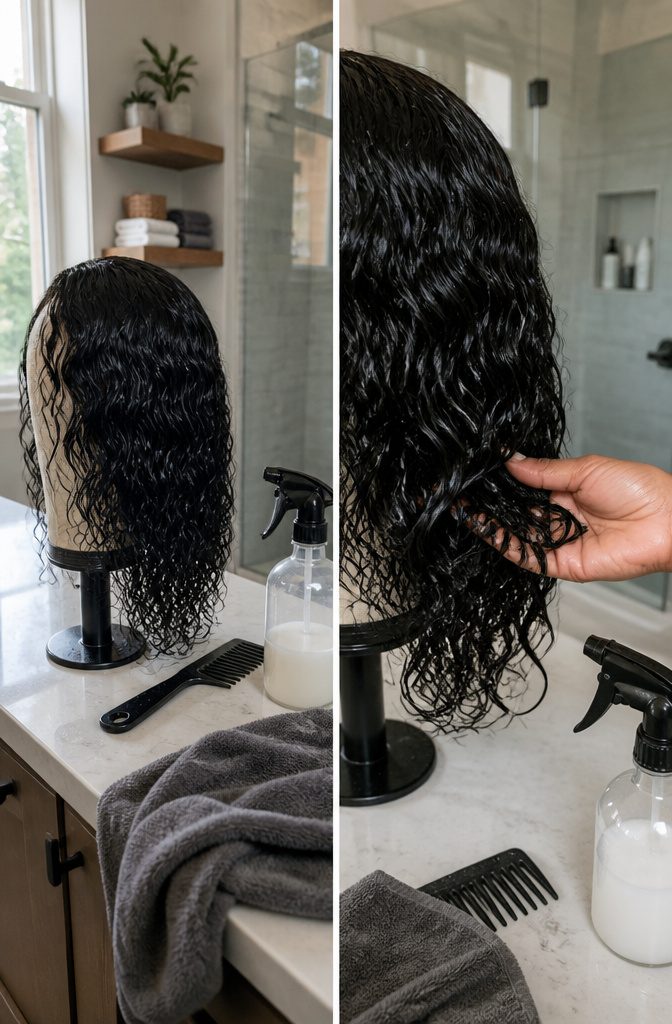 Wet wavy wig separated into sections for water and leave-in conditioner